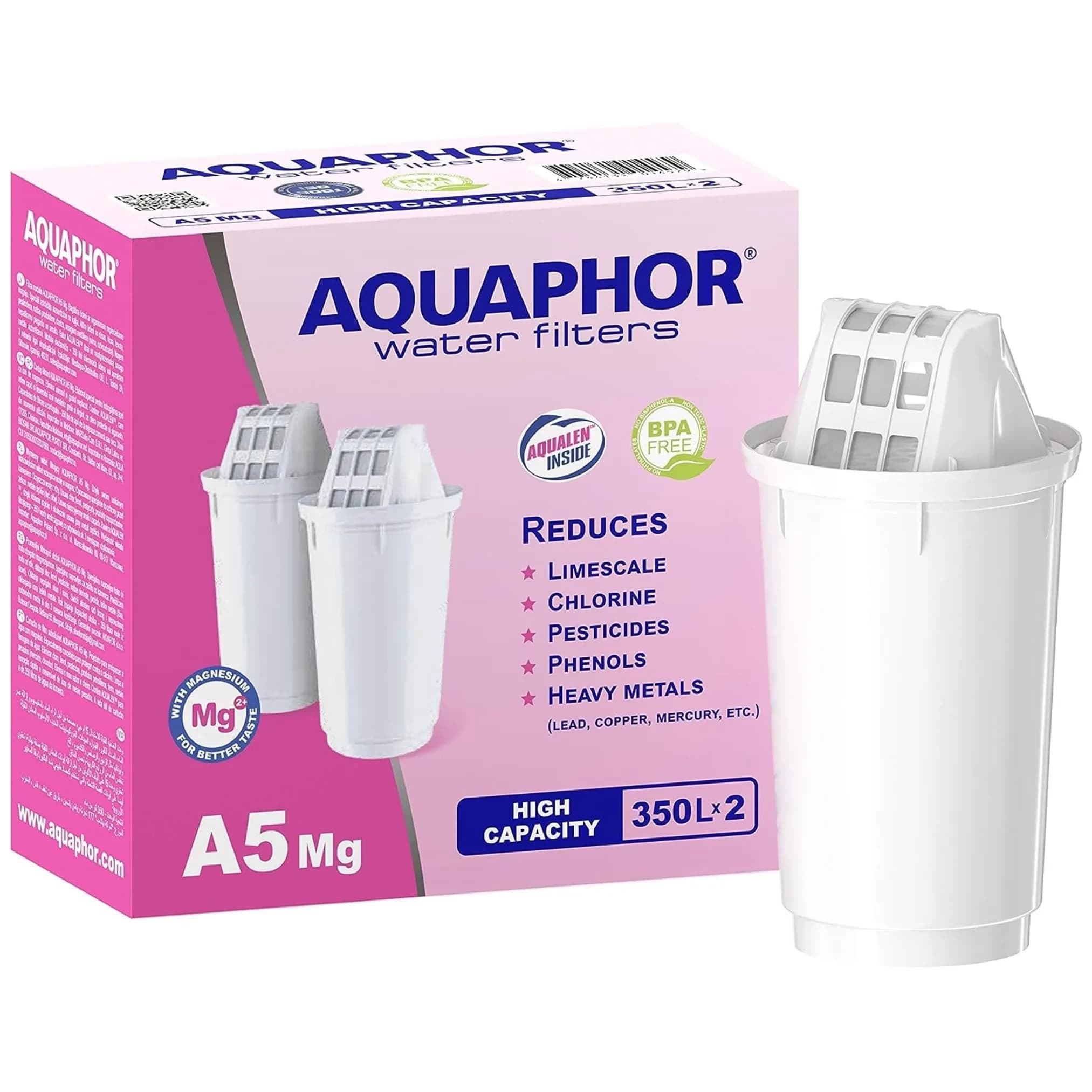 AQUAPHOR Filter Cartridge A5 2 Pack with Magnesium | Filters Limescale, Chlorine, Heavy Metals | 350L Clear Water