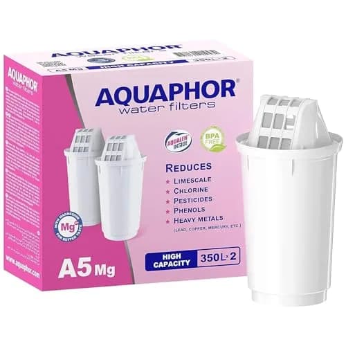 AQUAPHOR Filter Cartridge A5 2 Pack with Magnesium | Filters Limescale, Chlorine, Heavy Metals | 350L Clear Water thumbnail 1