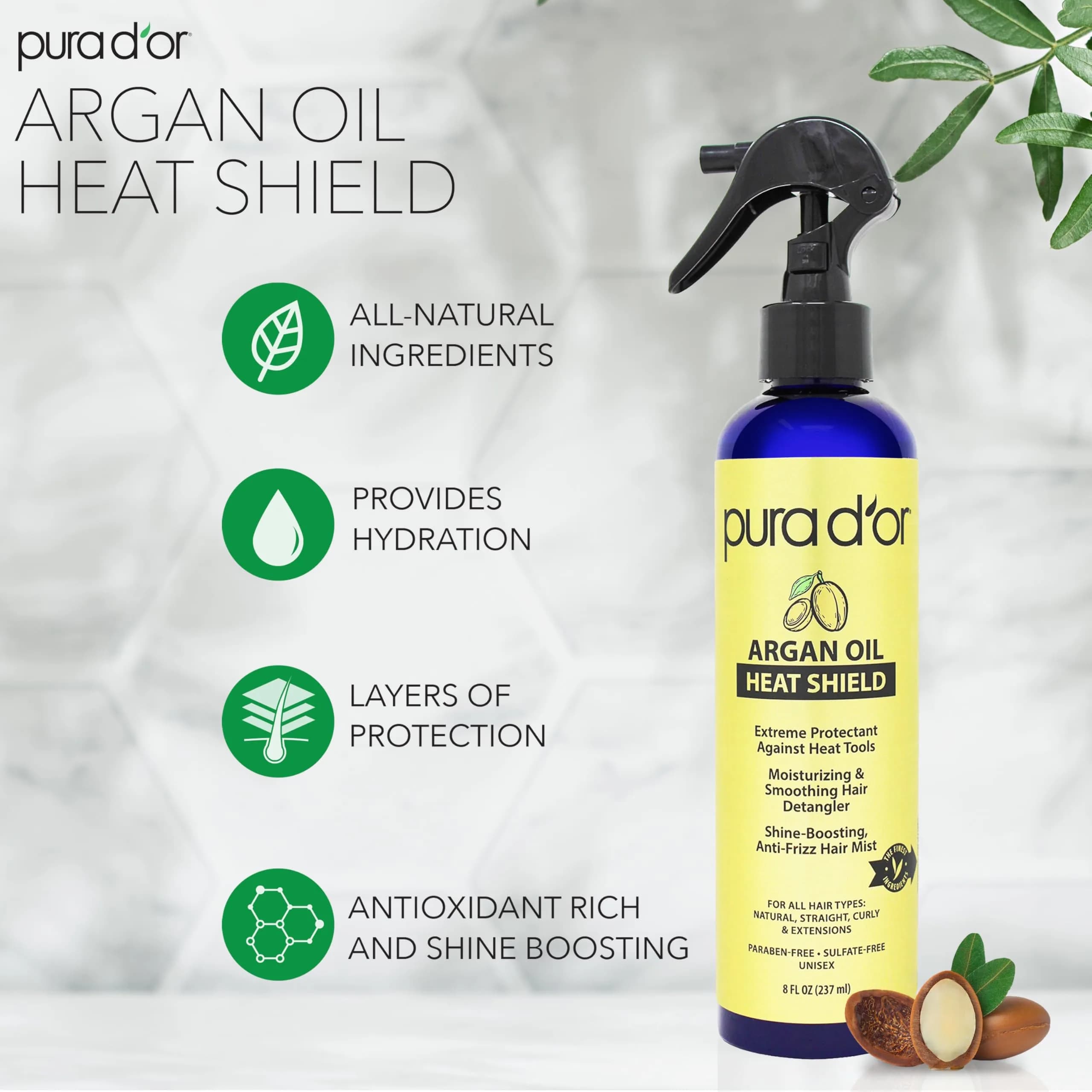 PURA D'OR Argan Oil Heat Shield Protectant Spray 237ml (8 Fl Oz) | Protects Up To 450º F From Heat Styling - main product image