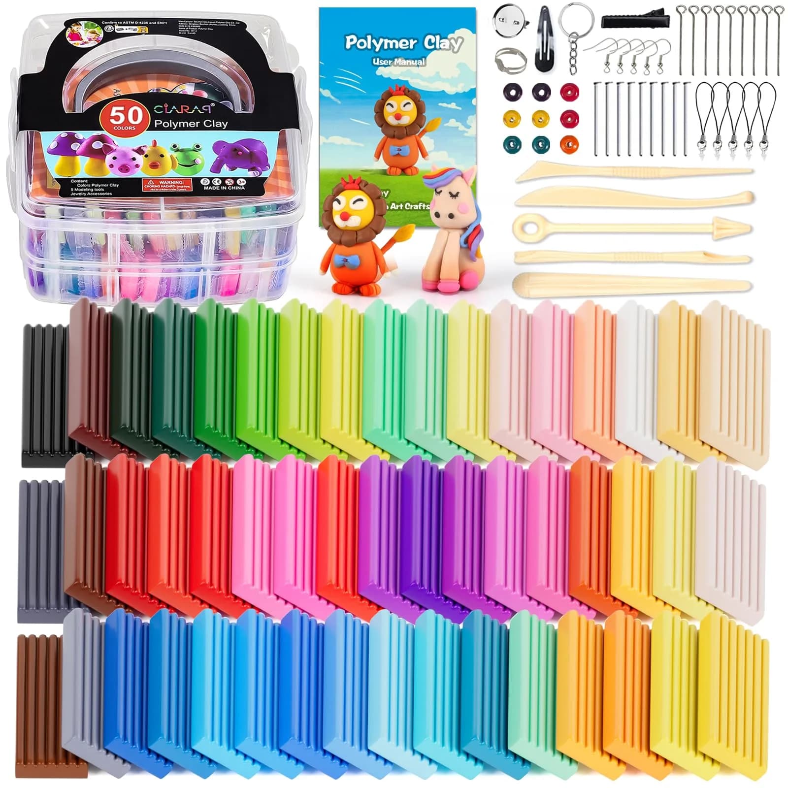CiaraQ 50-Color Polymer Clay Oven Bake Modeling Kit for Kids & Beginners | Non-Toxic, Reusable, Easy to Shape