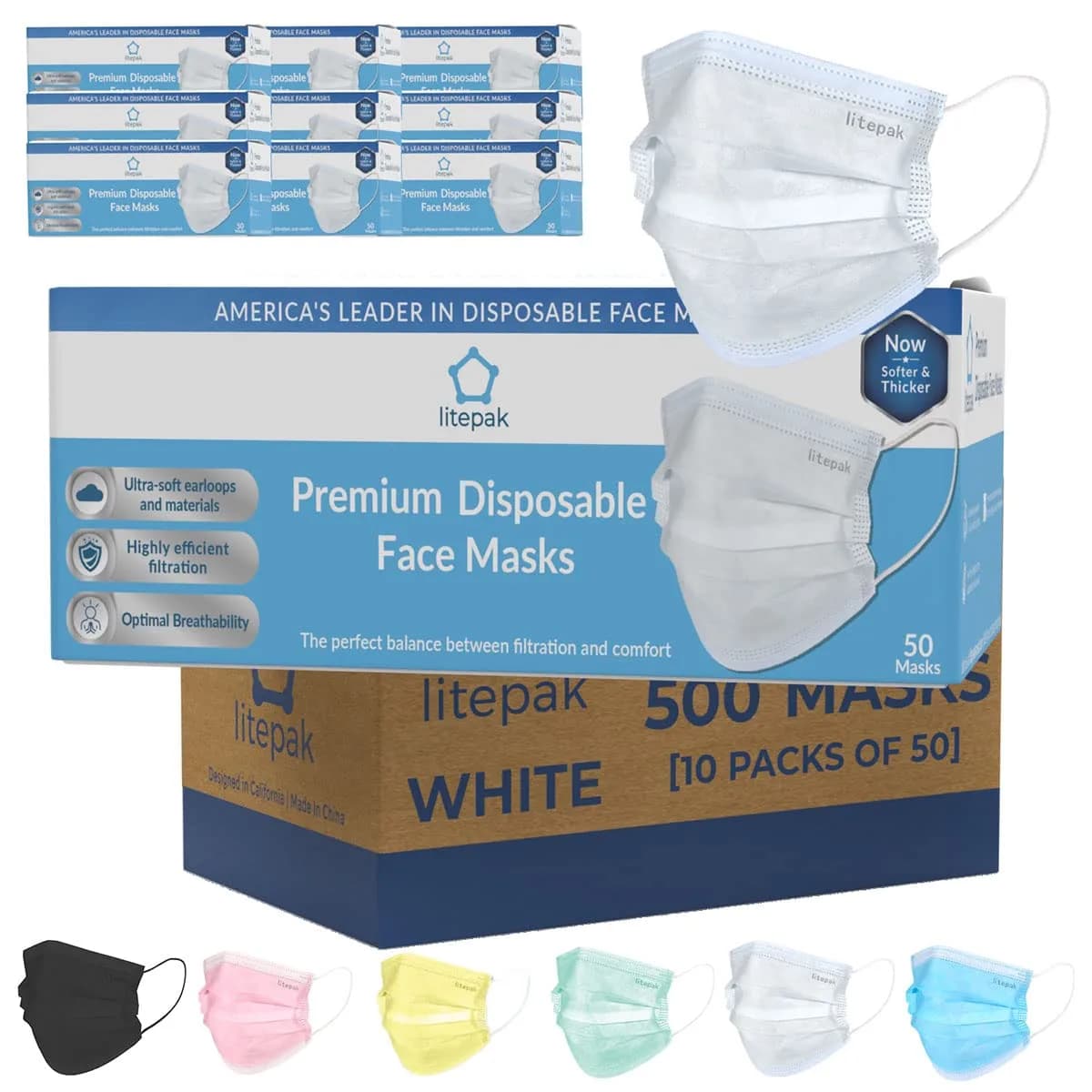 Litepak 500pcs Disposable Face Mask 3 Ply White | Soft Comfort & Nose Wire - main product image
