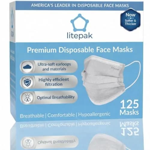 Litepak Disposable Face Mask 125-Pack Gray | Premium Comfort with Earloops & Dispenser thumbnail 1