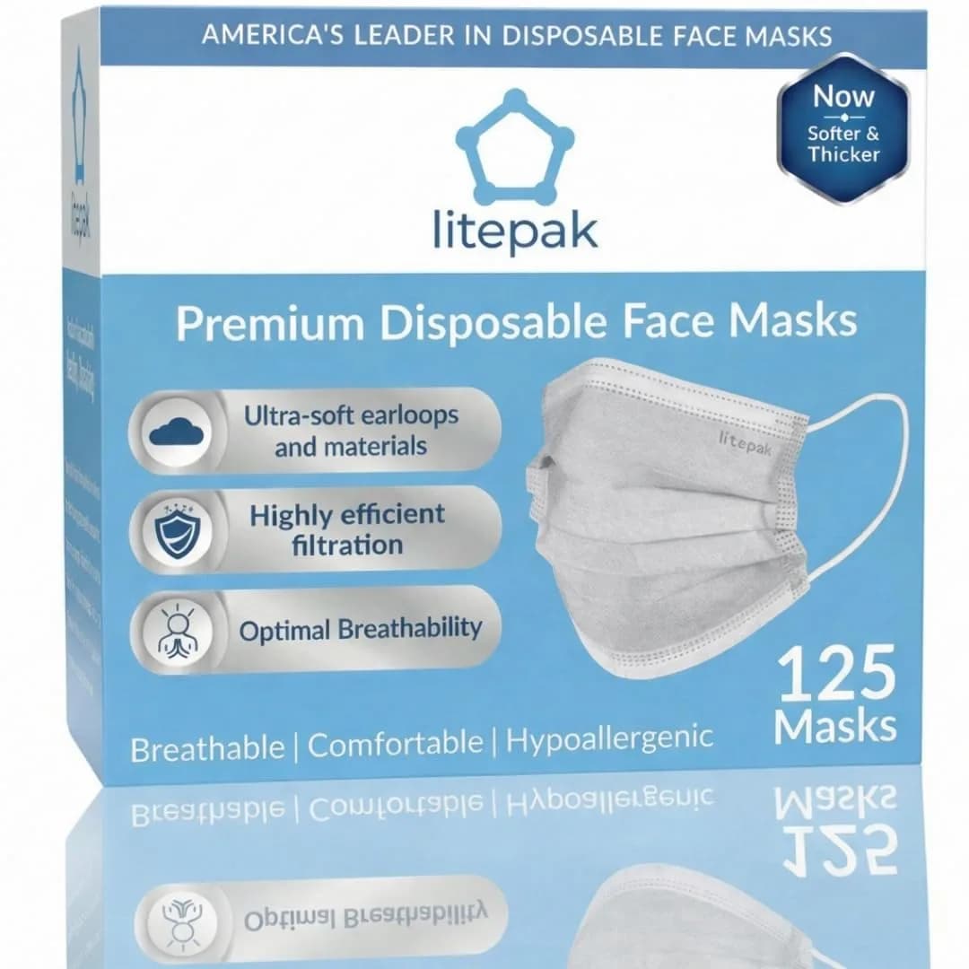 Litepak Disposable Face Mask 125-Pack Gray | Premium Comfort with Earloops & Dispenser - main product image