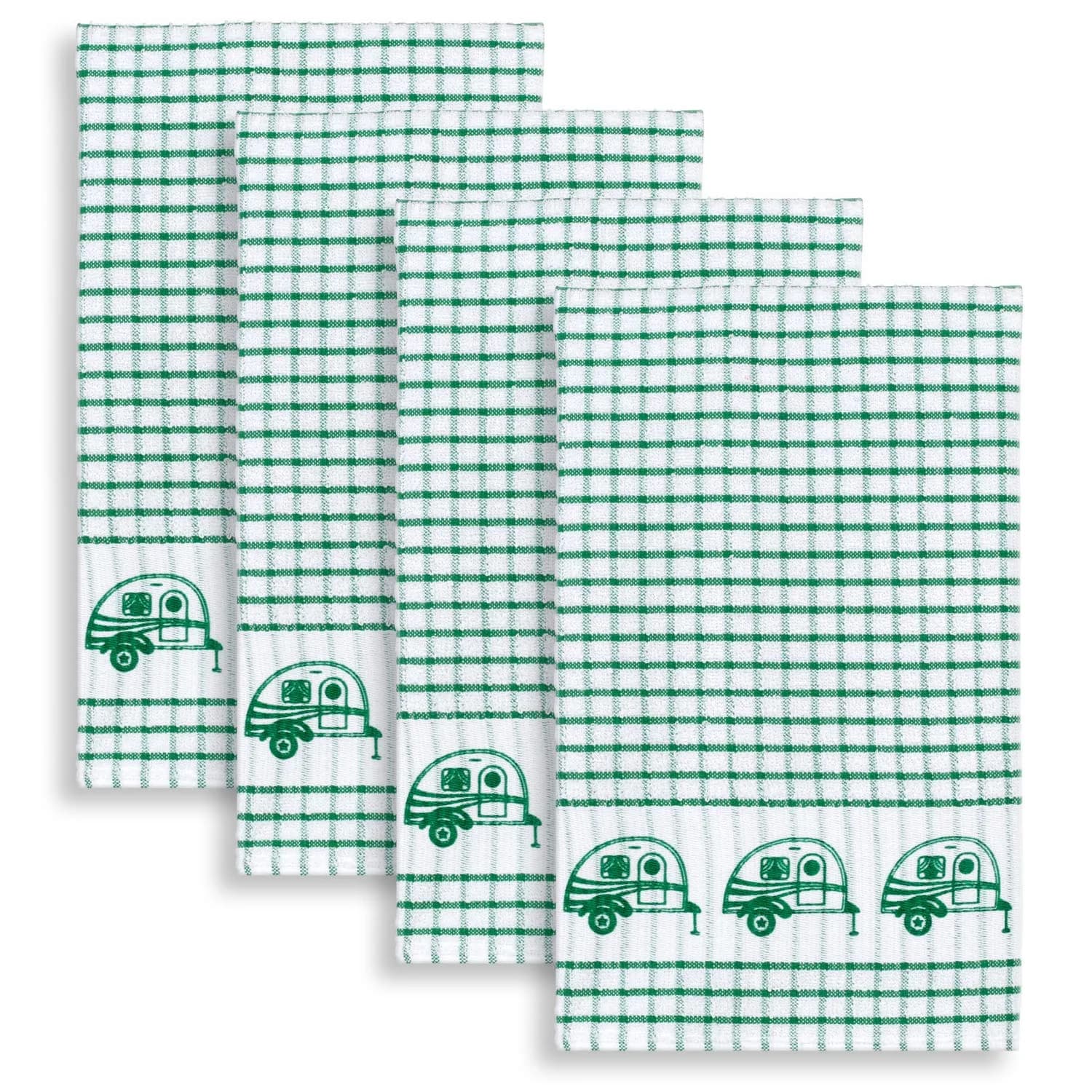 Cackleberry Home Retro Camper Windowpane Check Cotton Terrycloth Kitchen Towels, Set of 4 (Green) | 45.7 x 71.1 cm (18 x 28 inches) — Green