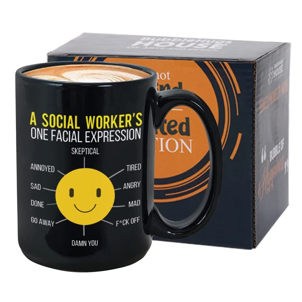 Bubble Hugs Black 15oz Ceramic Coffee Mug | Funny Social Worker Gift — 15 Ounces