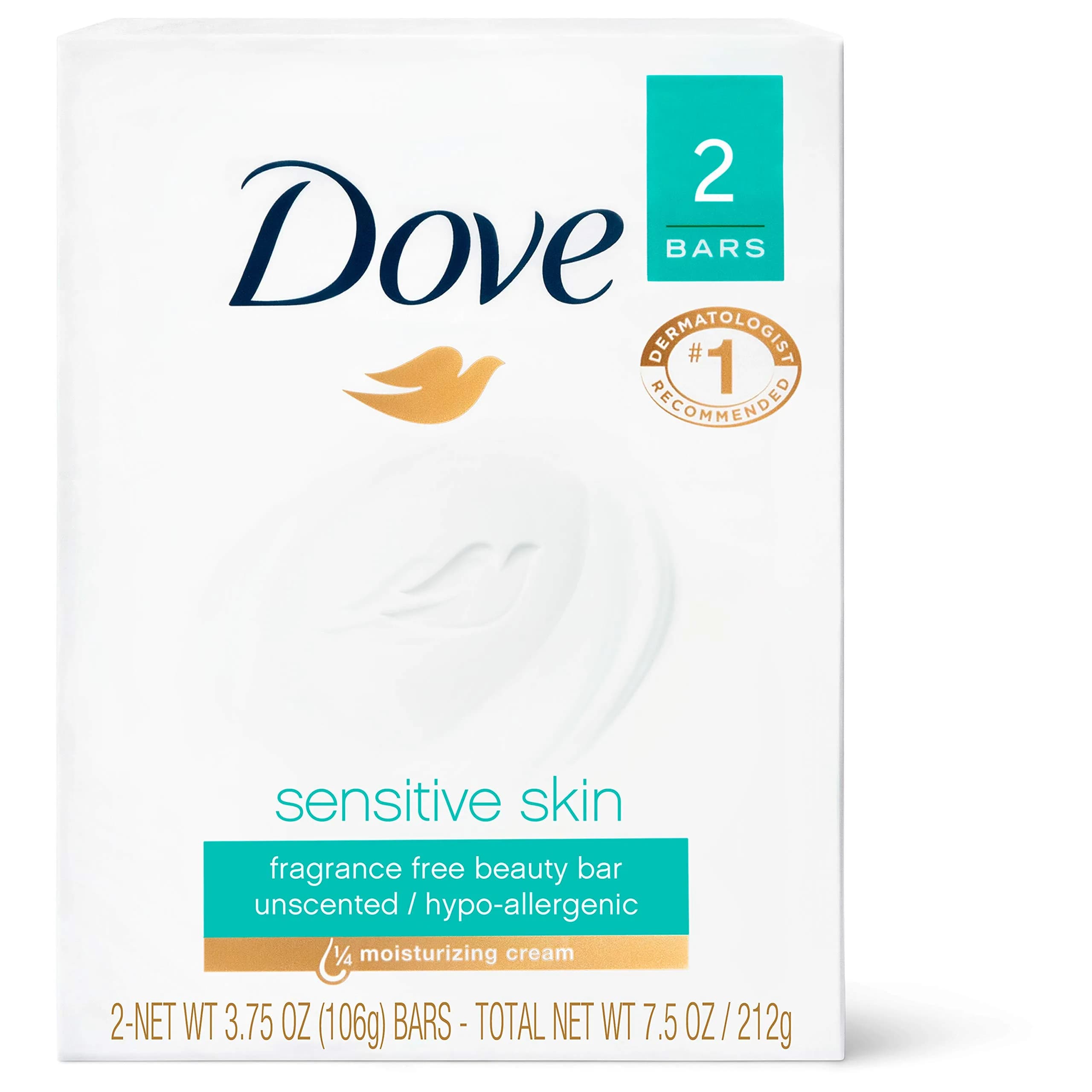 Dove Sensitive Skin Beauty Bar Soap Fragrance Free Hypoallergenic (24 Bars, 3.75 oz Each) | Dermatologist Recommended Gentle Cleanser - main product image