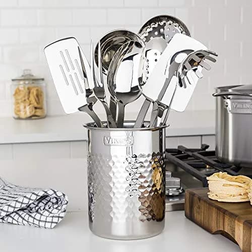 Viking Hammered Stainless Steel Kitchen Utensil Holder | Silver, 6.81 in H x 5.29 in D | Durable, Stylish Countertop Organizer thumbnail 2