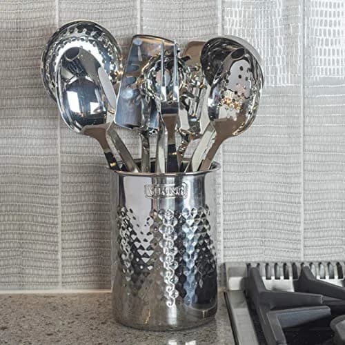 Viking Hammered Stainless Steel Kitchen Utensil Holder | Silver, 6.81 in H x 5.29 in D | Durable, Stylish Countertop Organizer thumbnail 3