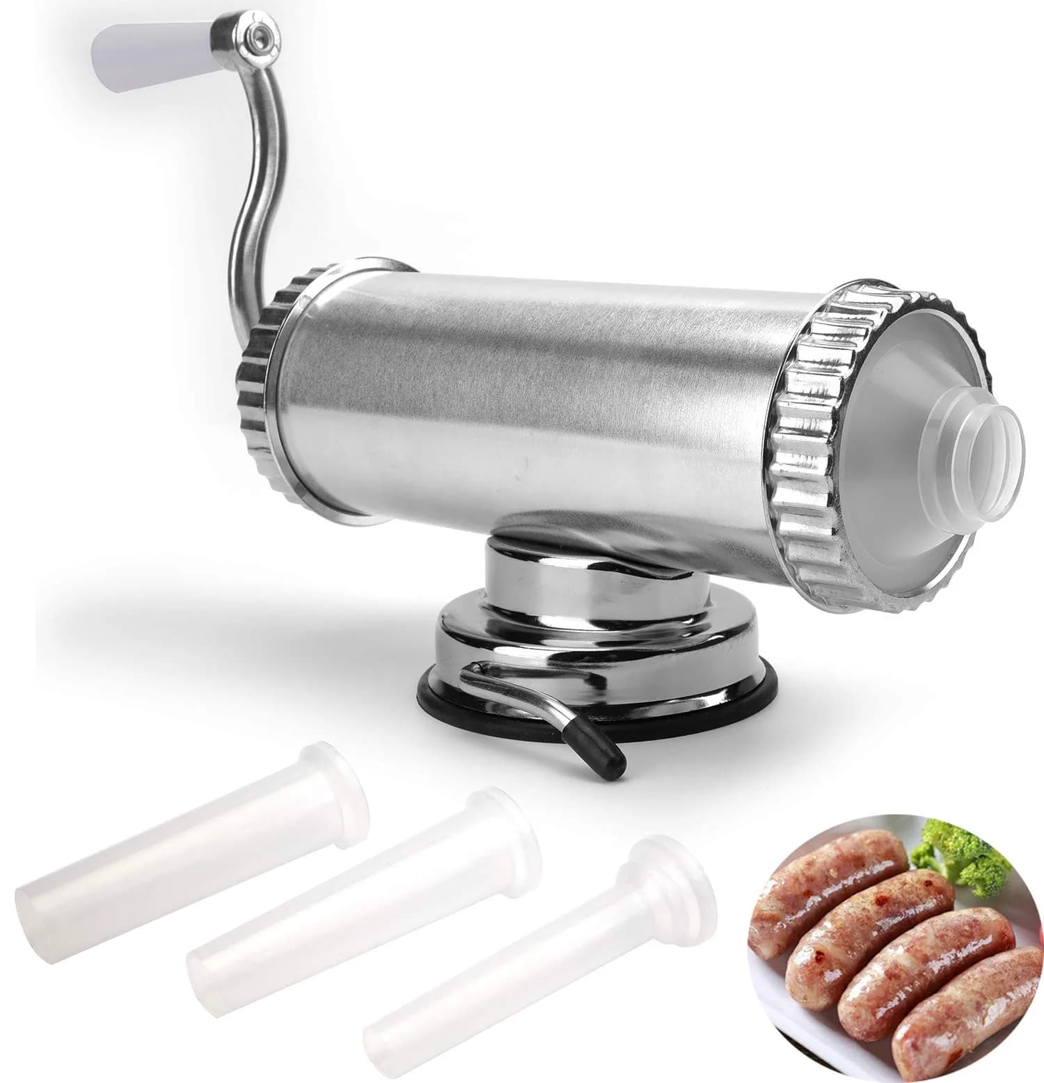 Lawei Sausage Stuffer 2 LBS Stainless Steel Horizontal Kitchen Meat Maker | 3 Nozzles for Home & Commercial Use — Silver