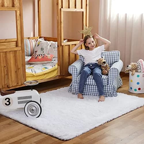 Ophanie White Rugs for Bedroom 4x6 | Fluffy, Soft Fuzzy Shag Plush Rug for Kids & Dorms thumbnail 5