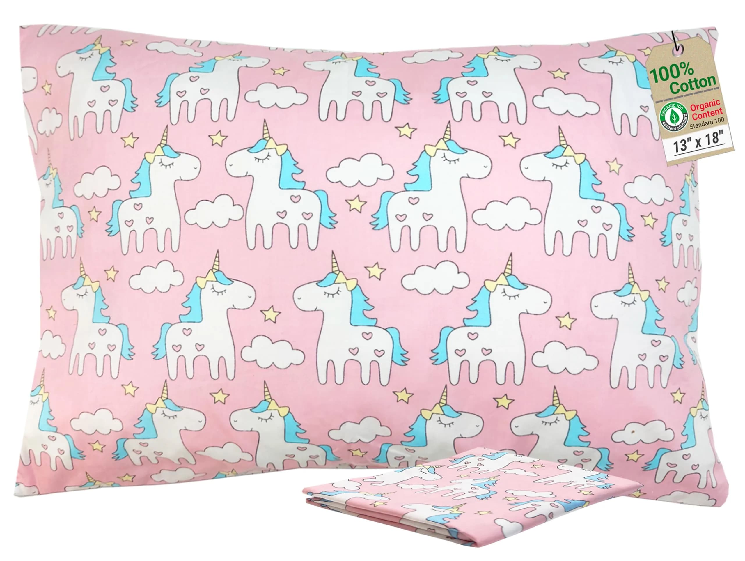 ZPECC Toddler Pillow with Pillowcase 13x18 Organic Cotton Hypoallergenic Kids Pillow for Travel & Nursery — Pink Unicorn / 2 Piece Set 13"x18"