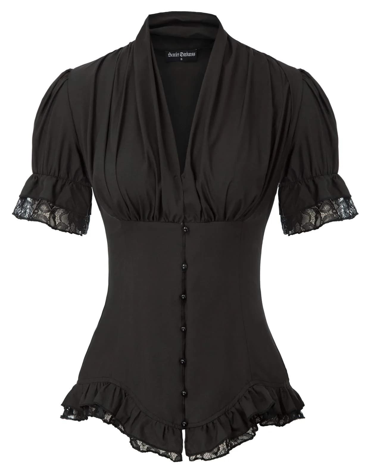 Scarlet Darkness Womens Victorian Blouse Short Sleeve Elegant Fit in Black | Ruffled & Adjustable Fit - main product image