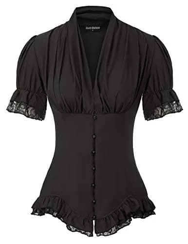 Scarlet Darkness Womens Victorian Blouse Short Sleeve Elegant Fit in Black | Ruffled & Adjustable Fit thumbnail 1