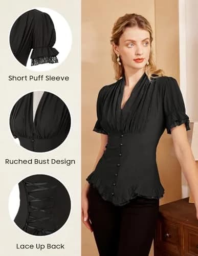 Scarlet Darkness Womens Victorian Blouse Short Sleeve Elegant Fit in Black | Ruffled & Adjustable Fit thumbnail 4
