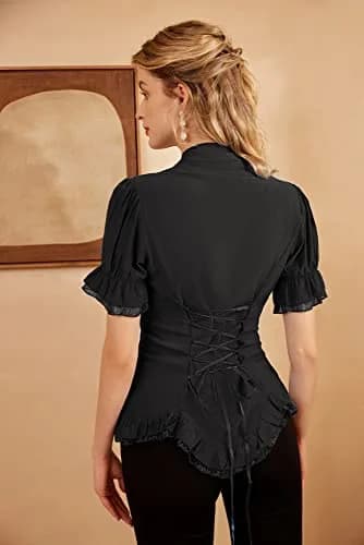 Scarlet Darkness Womens Victorian Blouse Short Sleeve Elegant Fit in Black | Ruffled & Adjustable Fit thumbnail 2