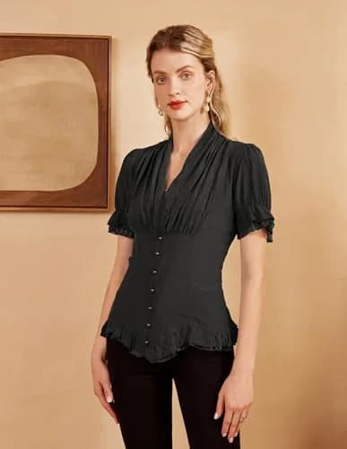Scarlet Darkness Womens Victorian Blouse Short Sleeve Elegant Fit in Black | Ruffled & Adjustable Fit thumbnail 3