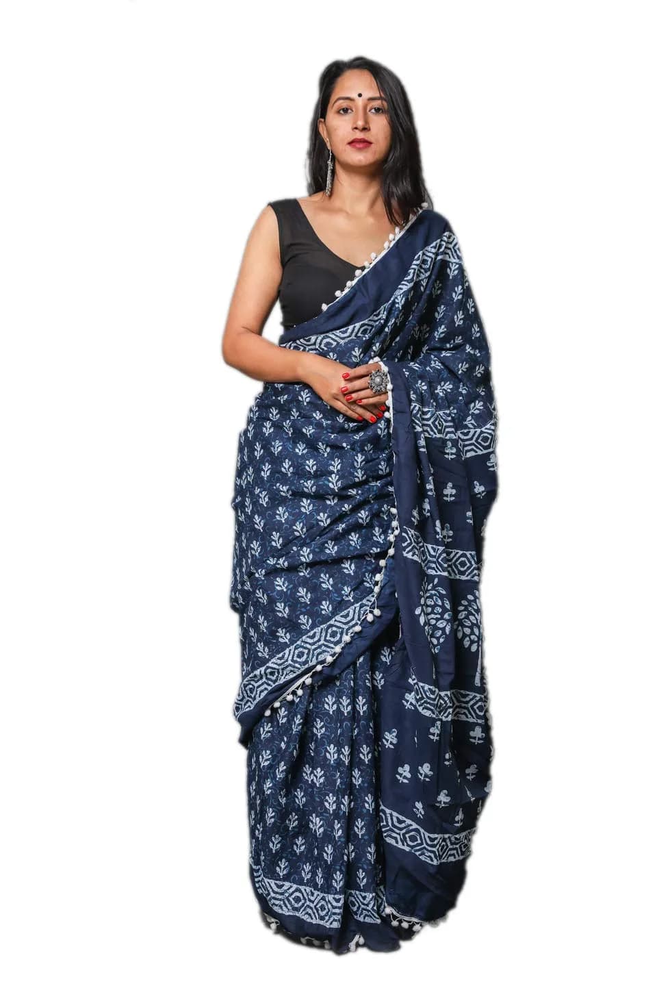 Shivanya Handicrafts Hand Block Printed Cotton Mulmul Saree with Unstitched Blouse Piece - Blue, 6.5m (21.3 ft) - main product image