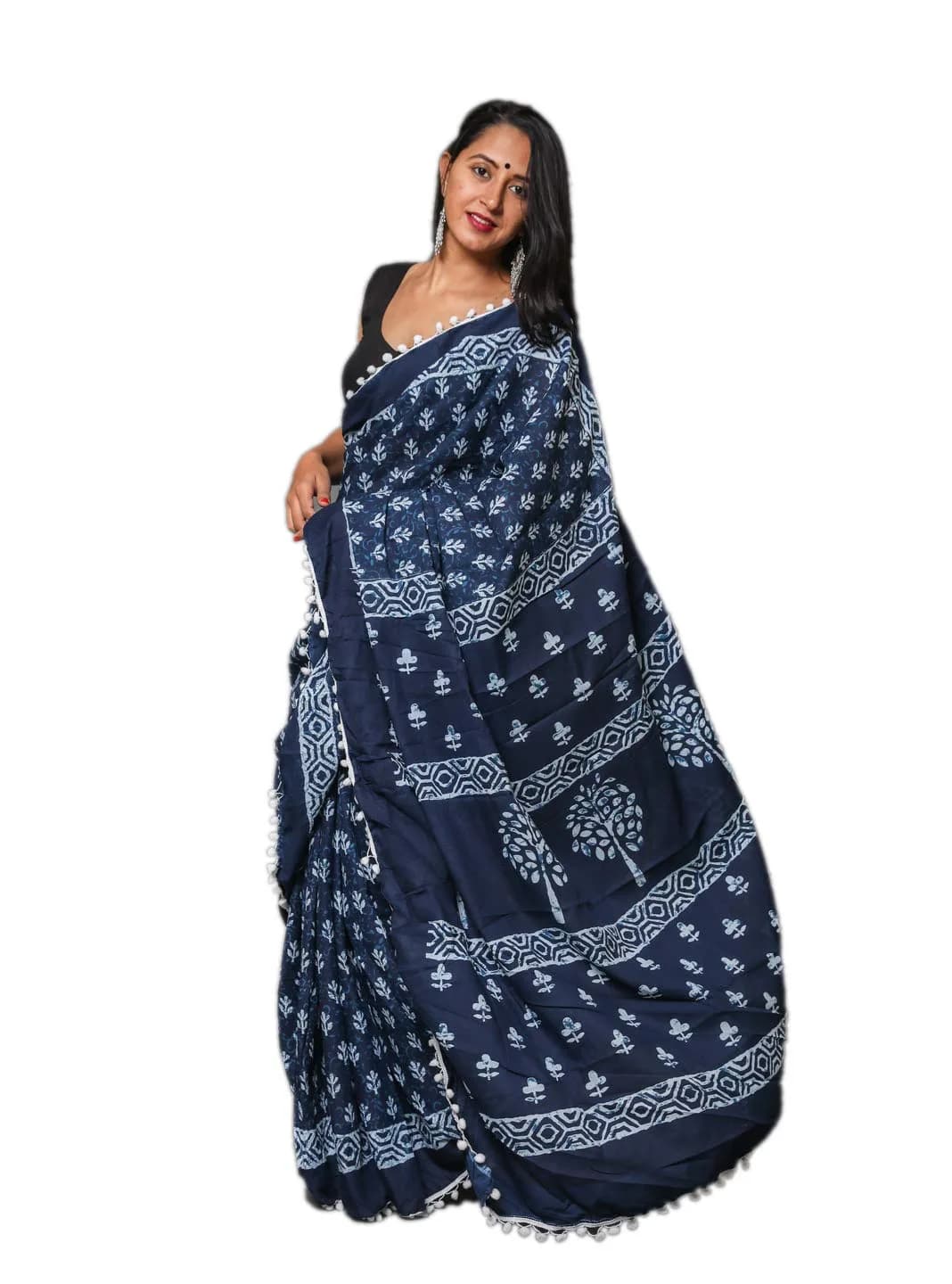 Shivanya Handicrafts Hand Block Printed Cotton Mulmul Saree with Unstitched Blouse Piece - Blue, 6.5m (21.3 ft) - view 2