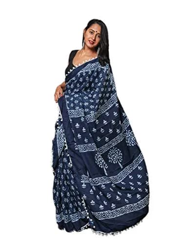 Shivanya Handicrafts Hand Block Printed Cotton Mulmul Saree with Unstitched Blouse Piece - Blue, 6.5m (21.3 ft) thumbnail 2
