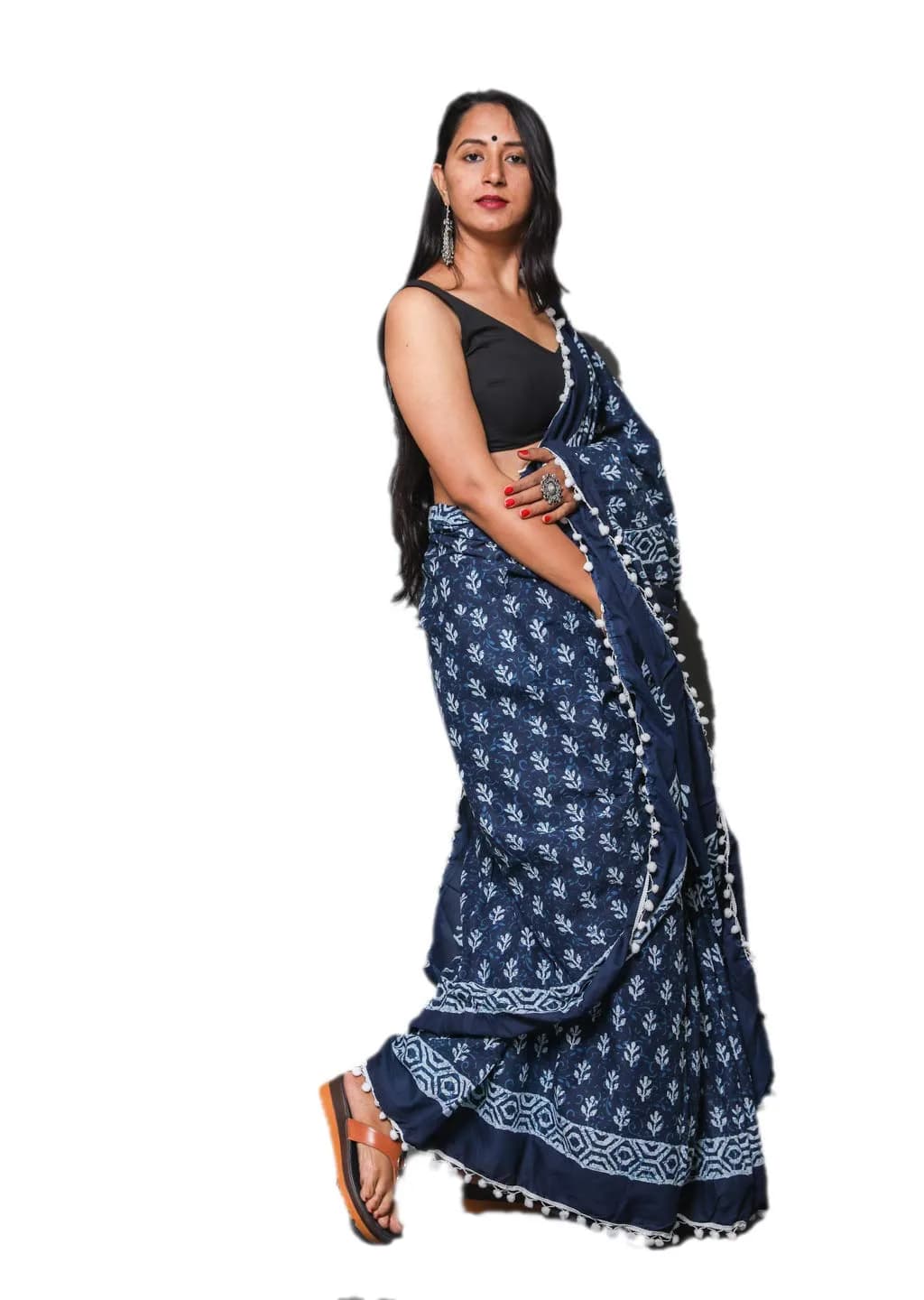 Shivanya Handicrafts Hand Block Printed Cotton Mulmul Saree with Unstitched Blouse Piece - Blue, 6.5m (21.3 ft) - view 3