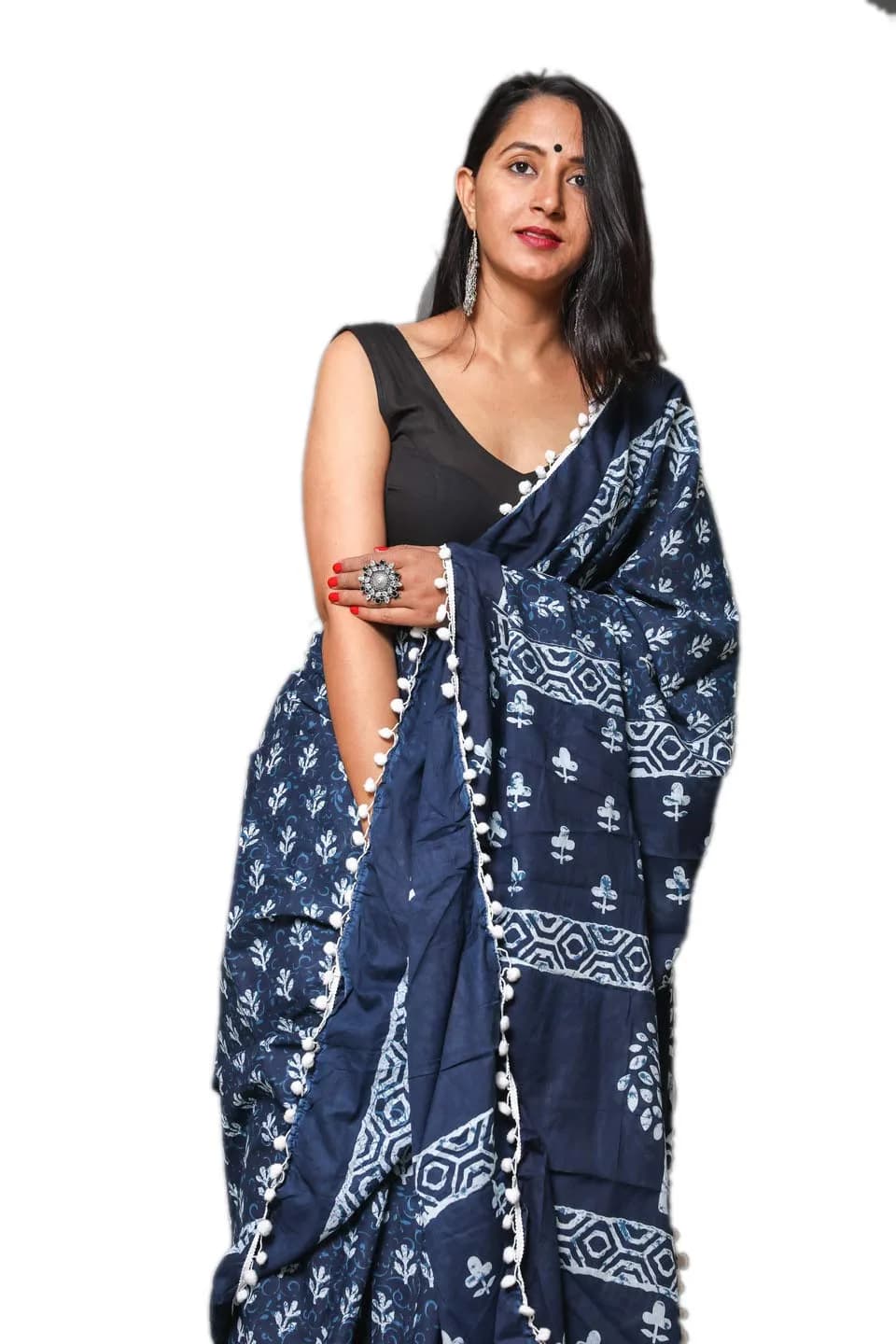 Shivanya Handicrafts Hand Block Printed Cotton Mulmul Saree with Unstitched Blouse Piece - Blue, 6.5m (21.3 ft) - view 4