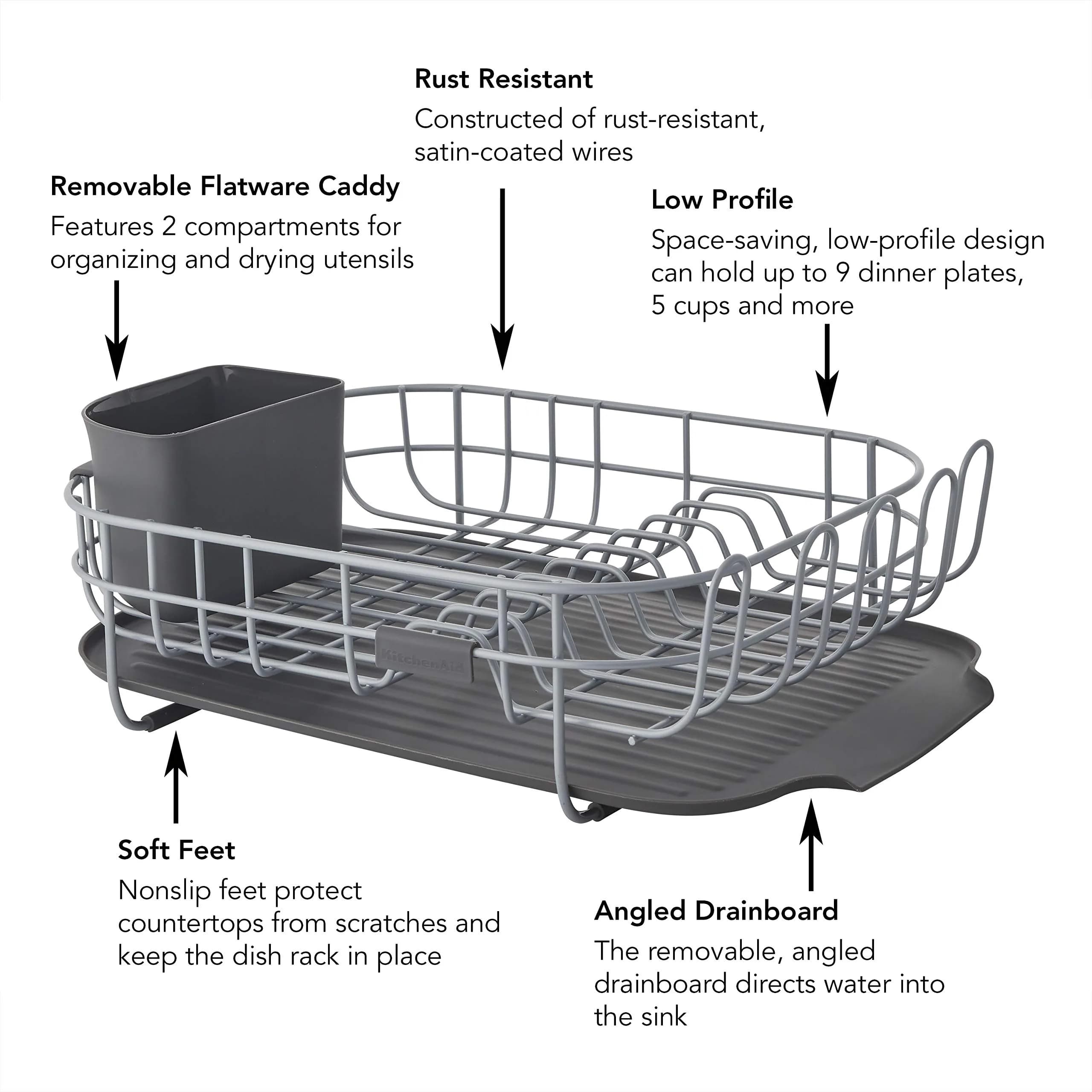 KitchenAid Low Profile Dish Rack - Gray | Rust Resistant Drying Rack with Angled Drain Board - view 4