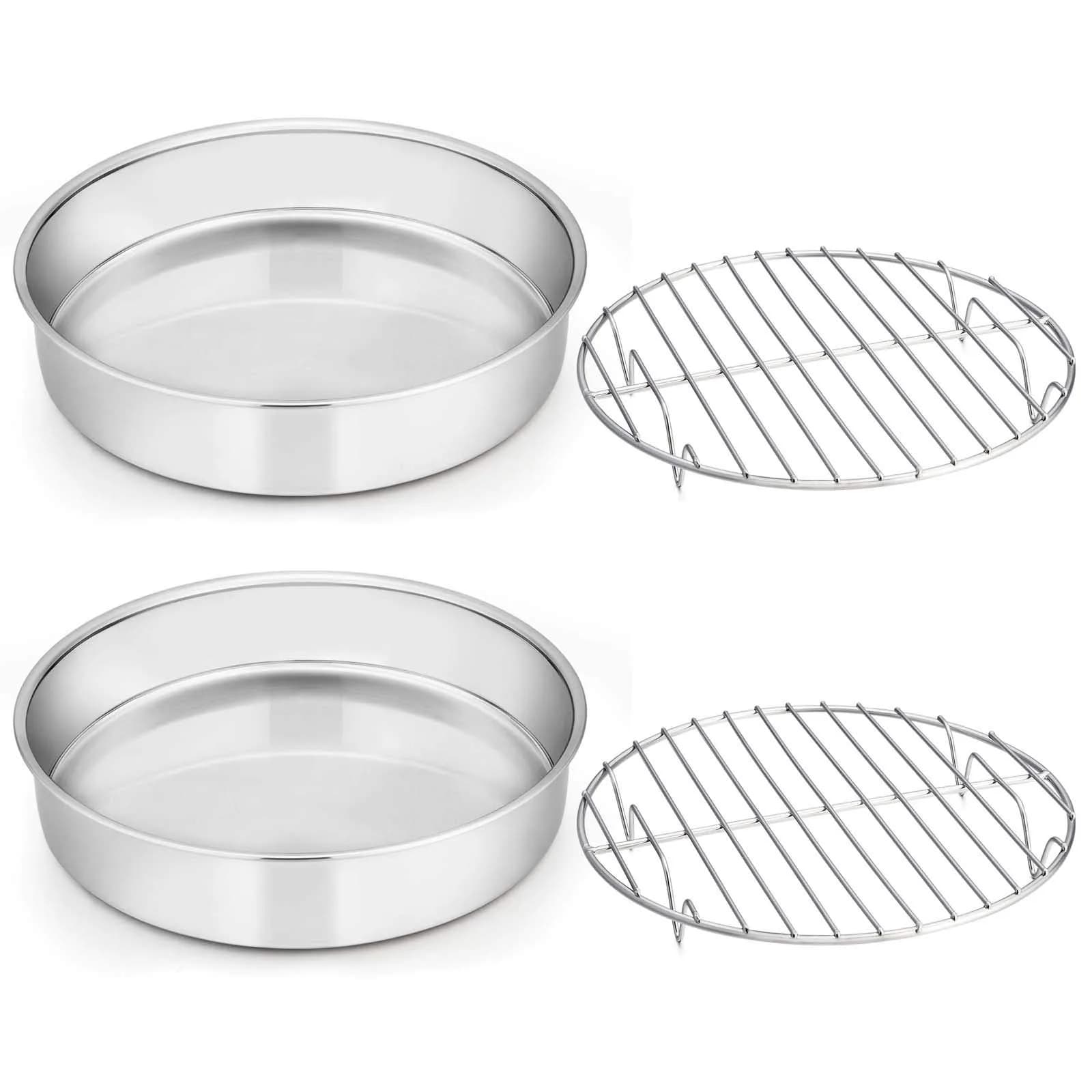 E-far 9½-inch Cake Pan with Rack Set, Stainless Steel Round Bakeware, 4 Pieces | Healthy & Dishwasher Safe — 9½-Inch (2 Cake Pans + 2 Racks)