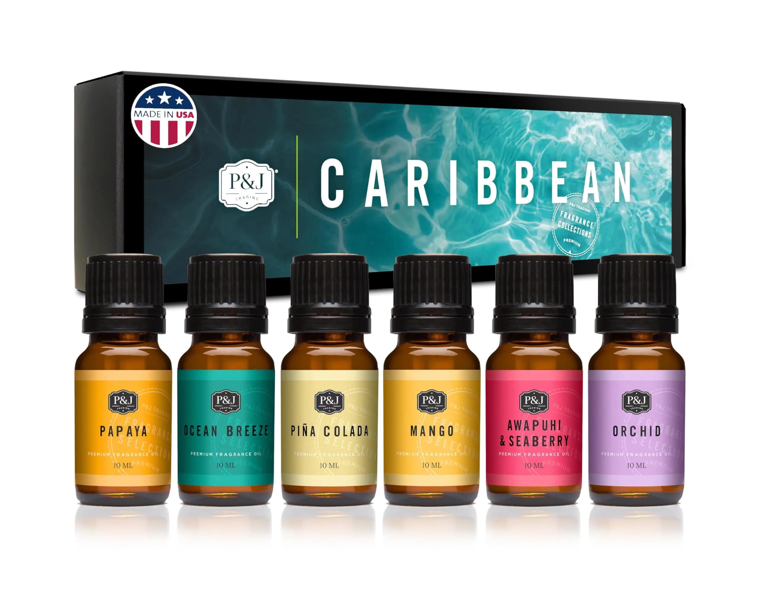 P&J Trading Caribbean Fragrance Oil Set with Pina Colada, Awapuhi Seaberry, Papaya, Mango, Ocean Breeze, Orchid | 6 x 10ml Premium Scents for Candle Making - main product image