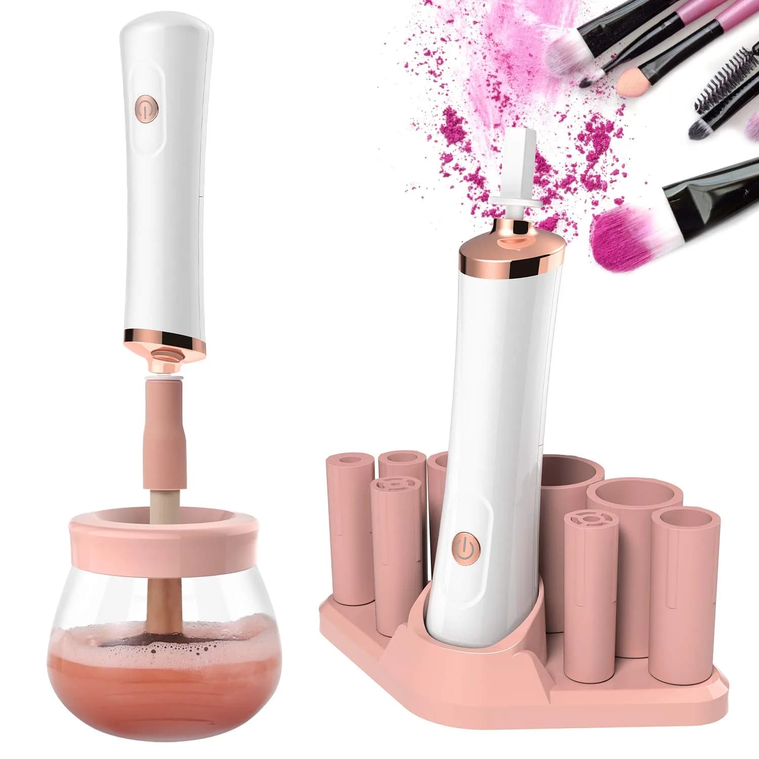 Senbowe Makeup Brush Cleaner Dryer Machine | Deep Clean & Dry in Seconds, 8 Rubber Collars, Pink