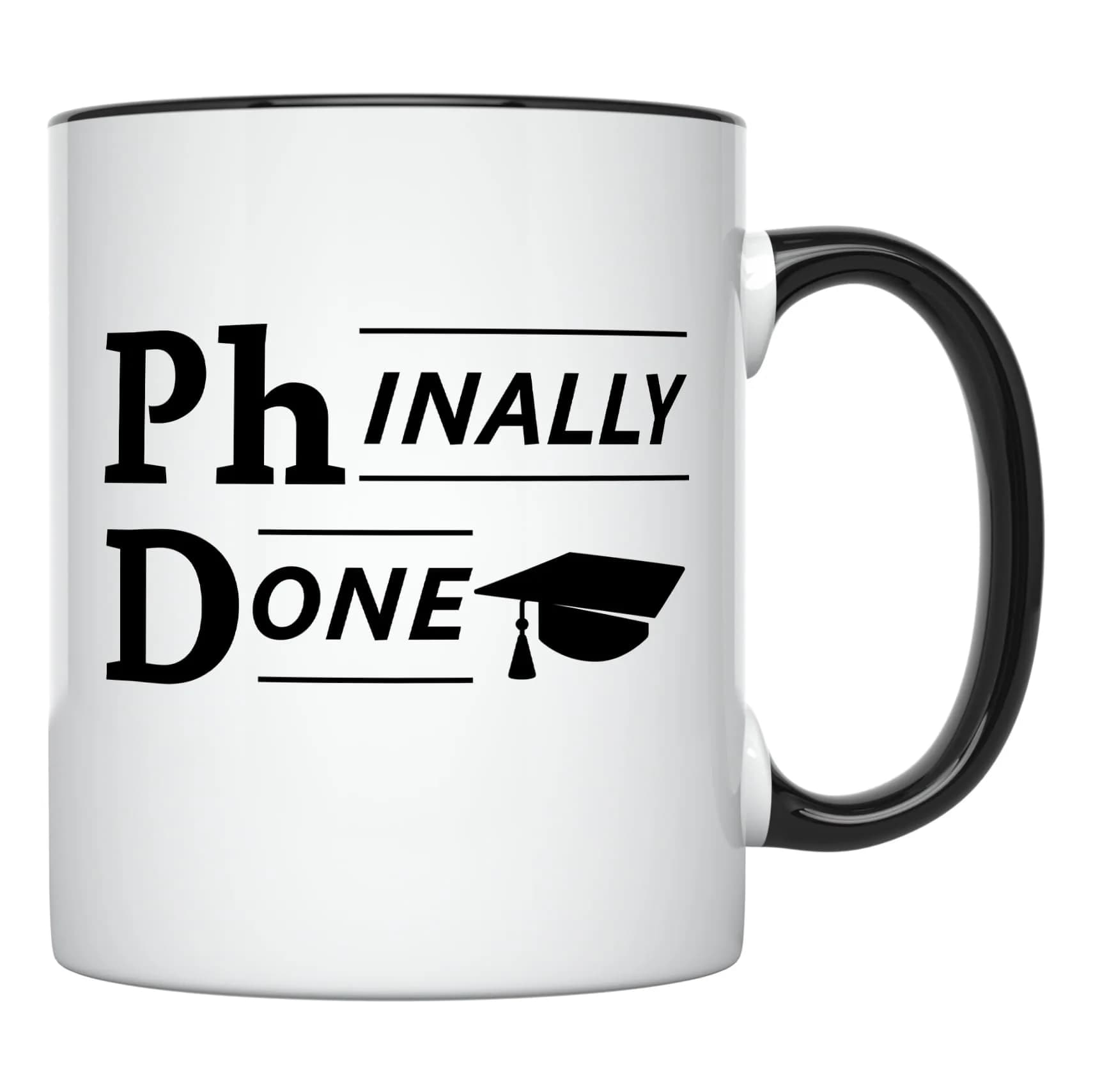 YouNique Designs Phinally Done PhD Graduation Mug 325ml (11 Ounces) | Funny Doctorate Ceramic Coffee Cup — Black Handle