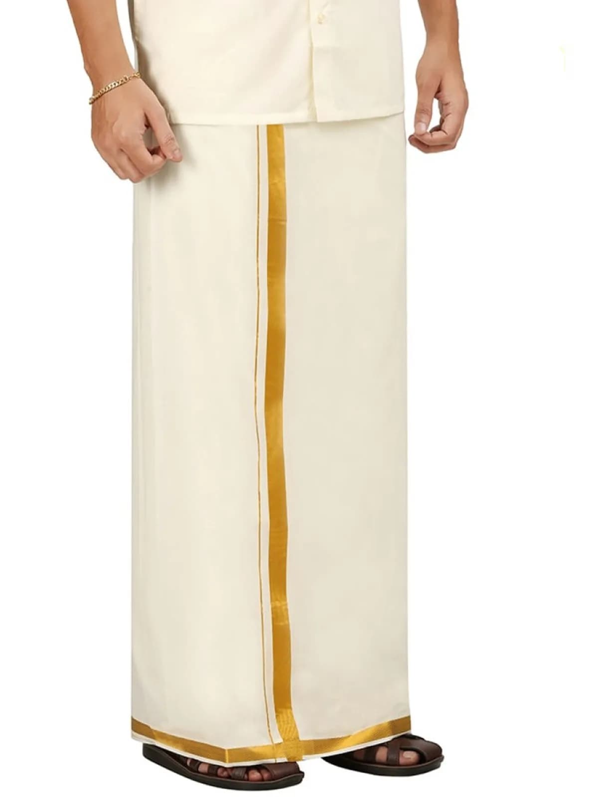 PRAKASAM COTTON Men's Double Dhoti with Gold Jari Border 1.30x3.80 mtrs | Traditional Indian Apparel