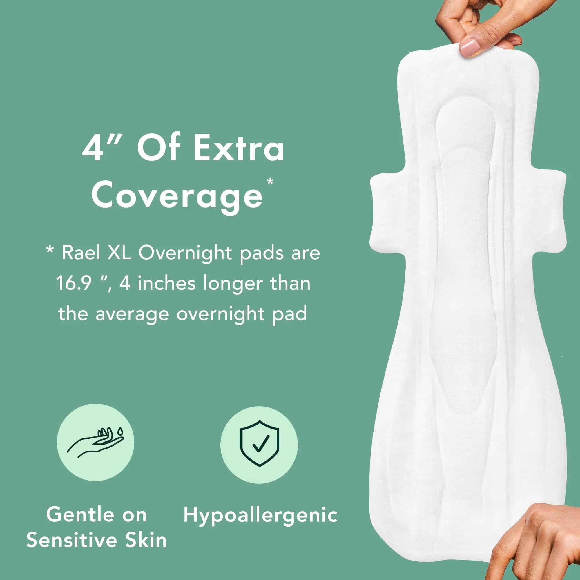 Rael Organic Cotton Sanitary Napkins Overnight Extra Long 12 Count | Breathable Feminine Care, Hypoallergenic Pads - view 4