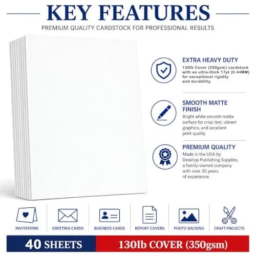 Desktop Publishing Supplies Extra Heavy Duty Bright White Cardstock 130lb Cover (350gsm) 40 Sheets 8.5" x 11" | Commercial Printing & Invitations thumbnail 3