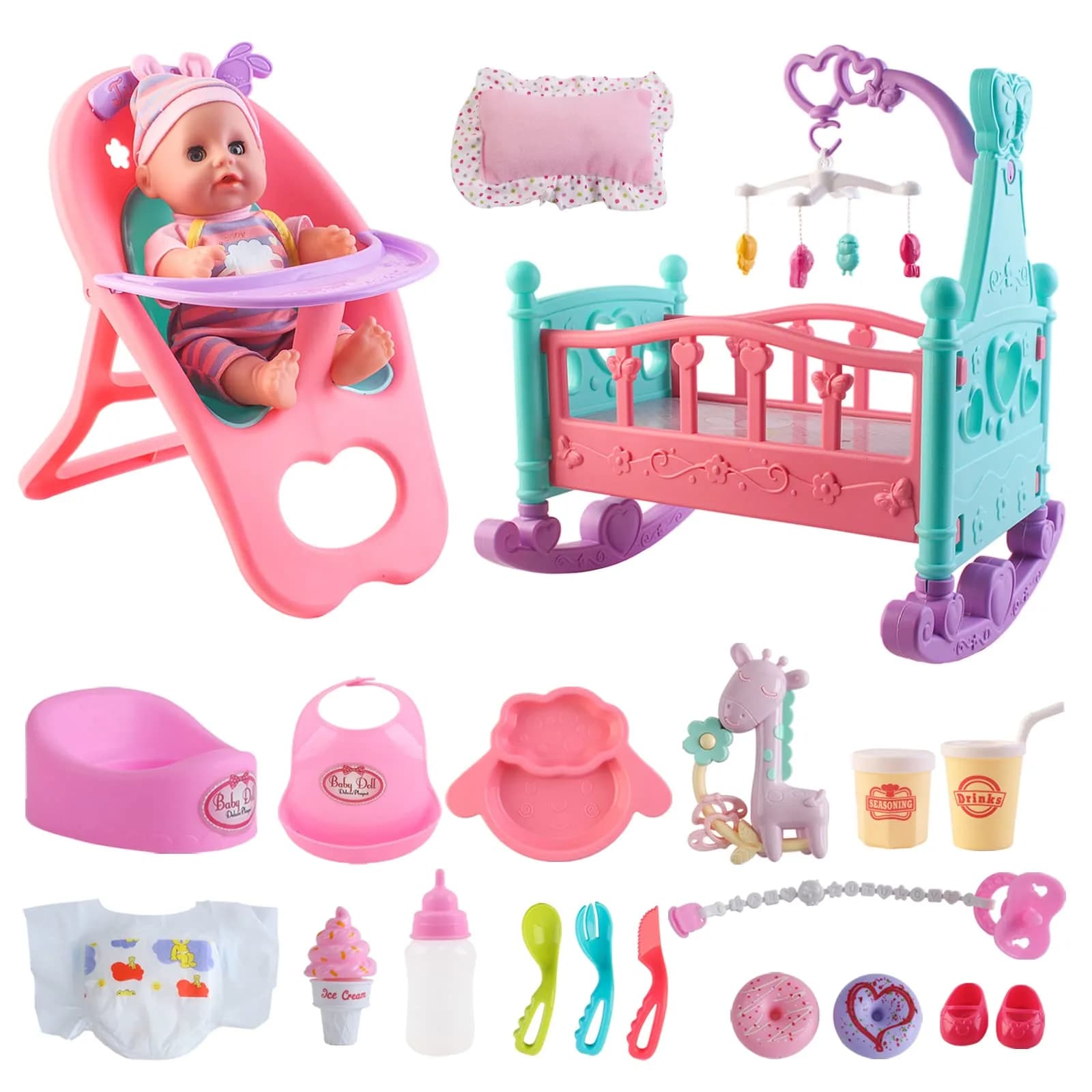 deAO Baby Doll Play Set with Crib, High Chair & Accessories, 12" Doll | Ages 3+