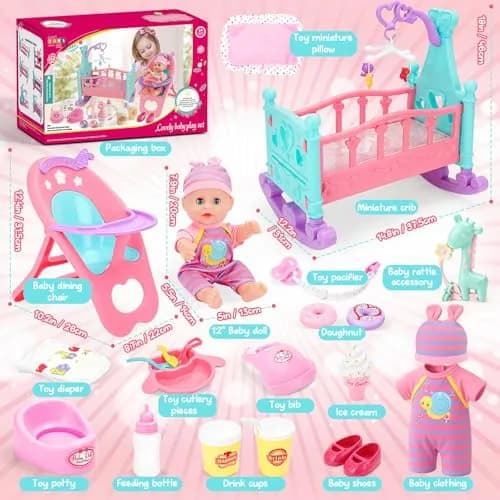 deAO Baby Doll Play Set with Crib, High Chair & Accessories, 12" Doll | Ages 3+ thumbnail 5