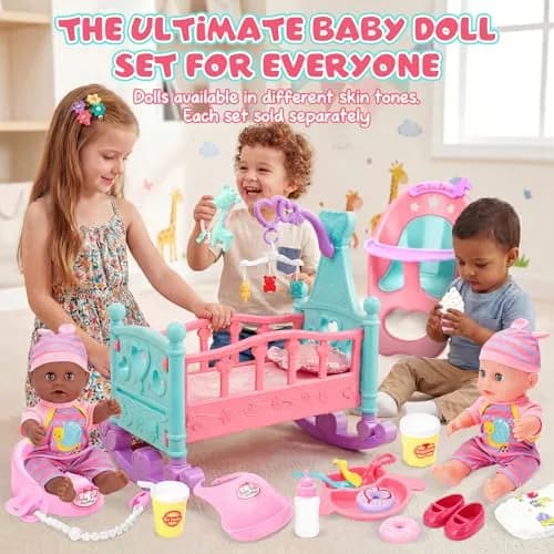 deAO Baby Doll Play Set with Crib, High Chair & Accessories, 12" Doll | Ages 3+ thumbnail 6