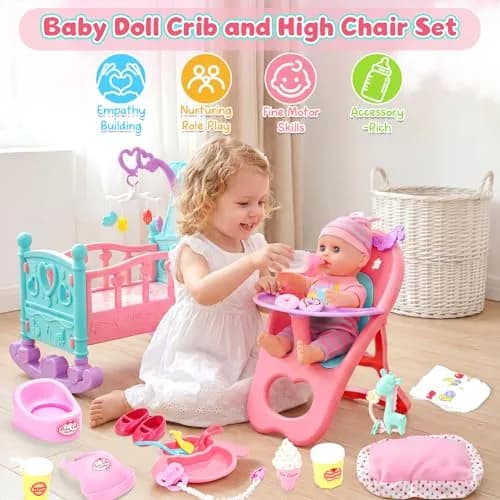 deAO Baby Doll Play Set with Crib, High Chair & Accessories, 12" Doll | Ages 3+ thumbnail 2