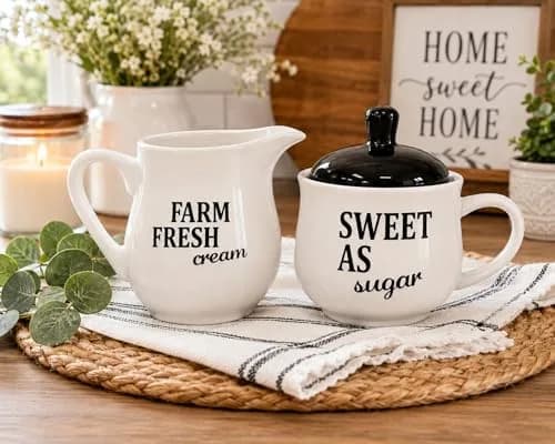 Homestyle Table Cream & Sugar Set Ceramic Farmhouse Decor | 9oz Creamer & 11oz Sugar Bowl, Black & White thumbnail 5