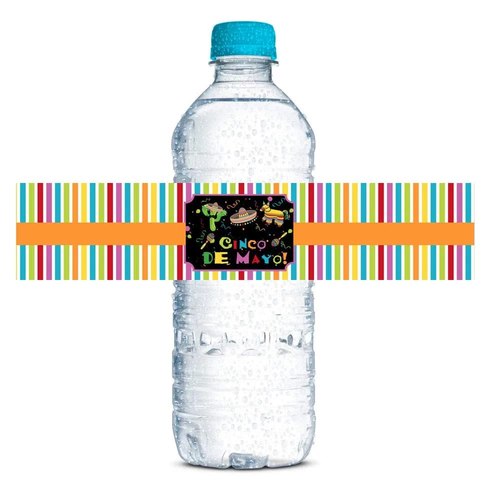 Amanda Creation Cinco De Mayo Fiesta Waterproof Water Bottle Sticker Wrappers, 20 Labels (1.75" x 8.5") | Waterproof Vinyl for Parties - main product image