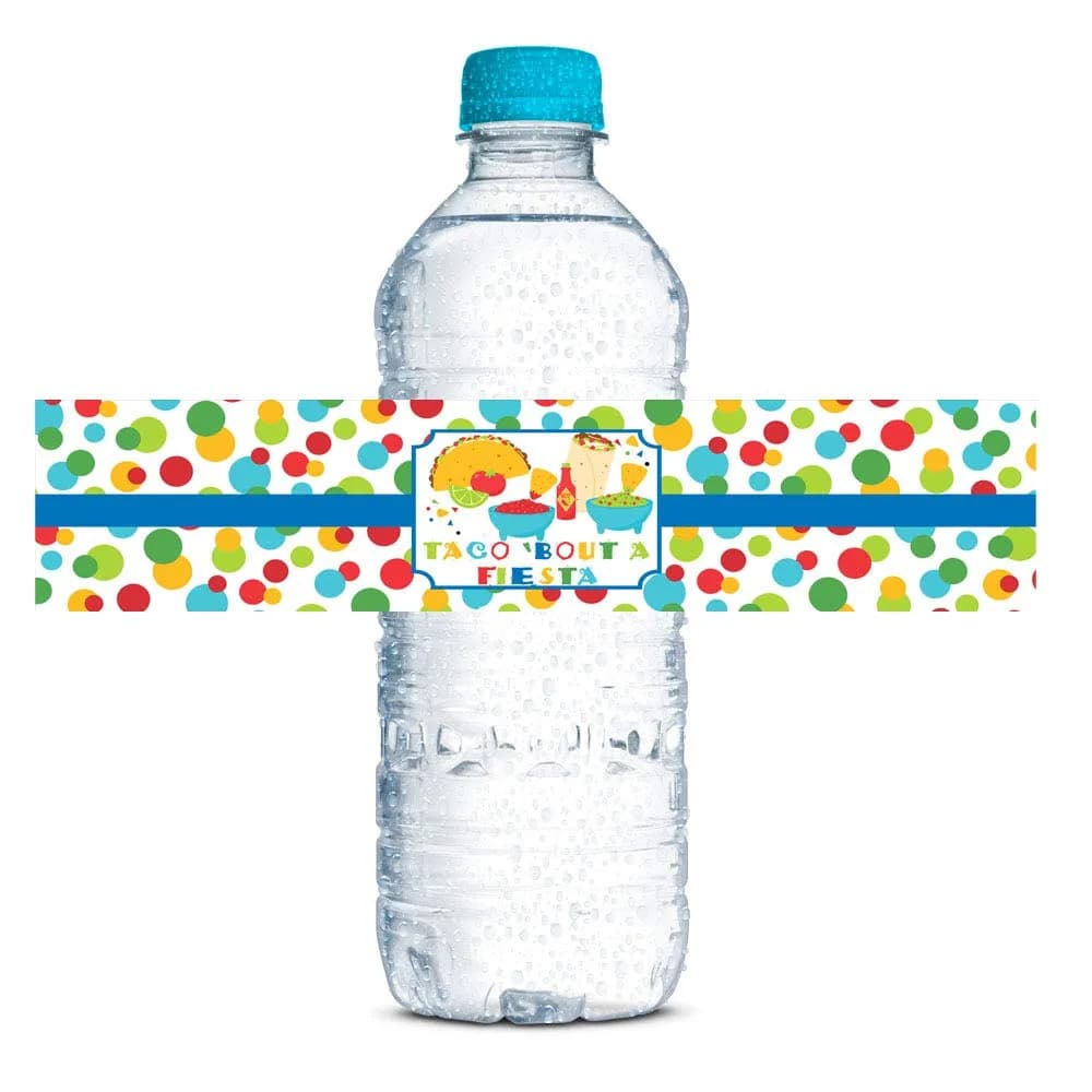 Amanda Creation Fiesta Water Bottle Labels, 20 Waterproof Vinyl 1.75 x 8.5 Inch Taco Bout a Party Mexican Birthday Wraps, Made in USA — Taco Bout a Party Mexican Fiesta