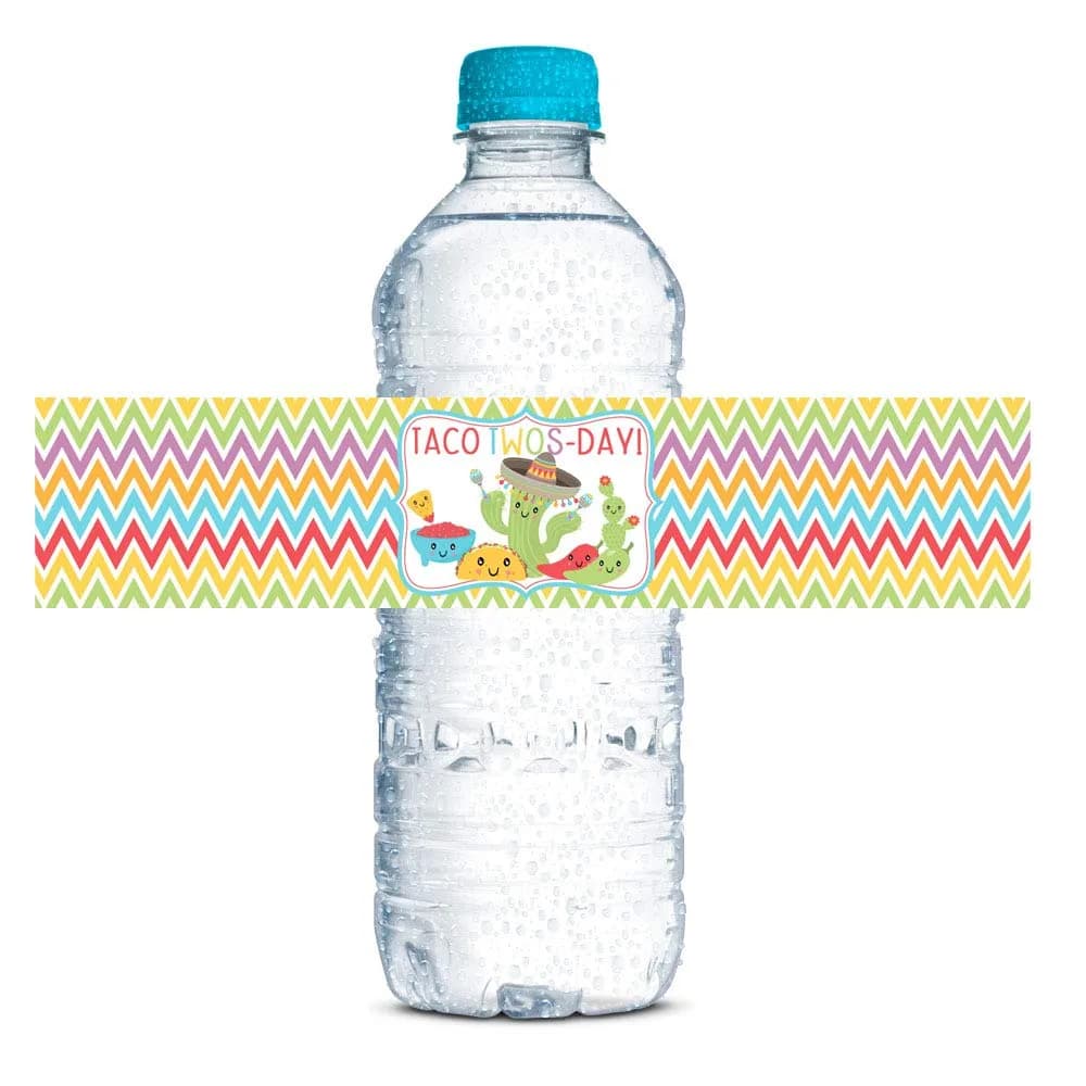 Amanda Creation Taco TWOS-Day Second Birthday Fiesta Party Waterproof Water Bottle Sticker Wrappers | 20 Labels, 1.75" x 8.5" — Taco TWOS-Day