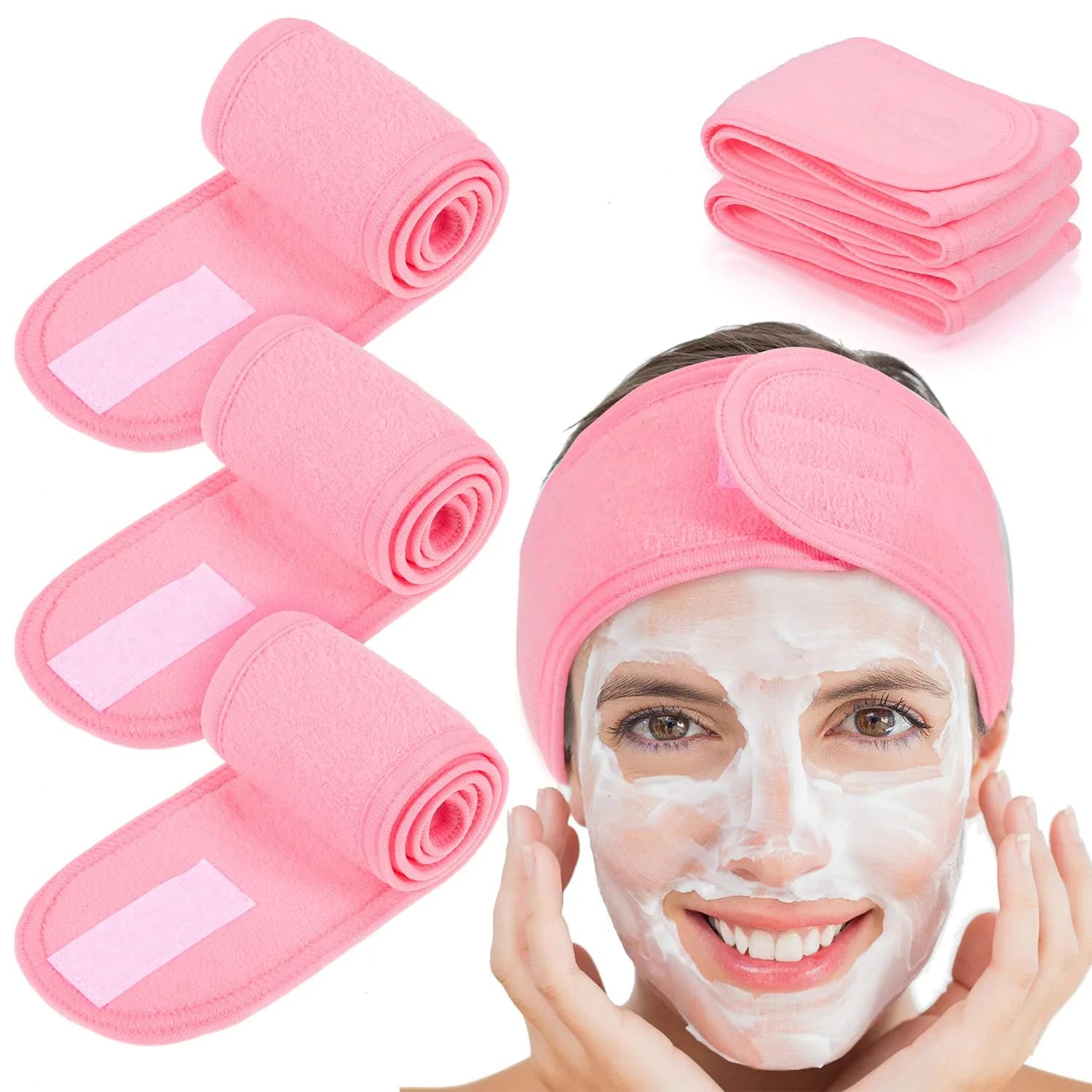 Whaline Pink Spa Headband 4 Pcs | Soft Terry Cloth, Adjustable & Reusable for Facial & Makeup — Pink