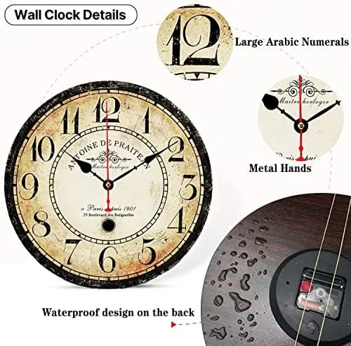 CAMAQUI 12 inch Retro Wall Clock | Silent Non-Ticking Vintage Decor for Living Room & Kitchen thumbnail 2
