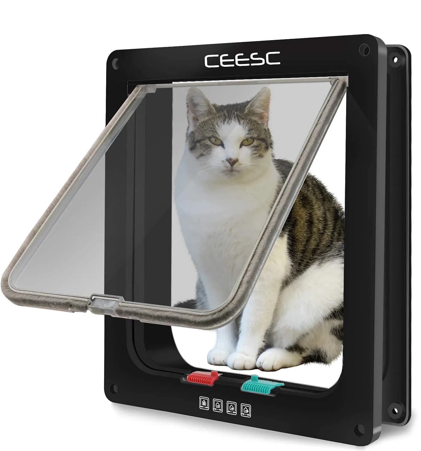 CEESC X-Large Black Cat Door for Interior/Exterior, 24.9cm x 28cm x 5.5cm (9.8"W x 11"H x 2.15"D) | 4-Way Locking ABS Pet Door for Pets up to 12.5 kg - main product image