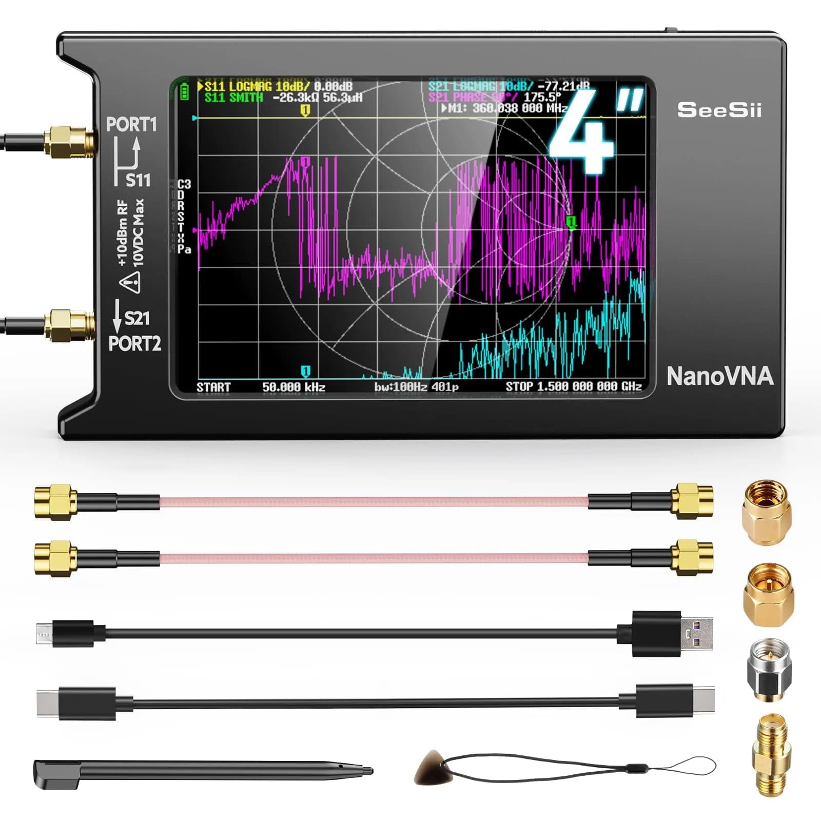 Seesii NanoVNA-H4 Vector Network Analyzer 1.5GHz | 4-Inch Touchscreen HF VHF UHF SWR Meter - main product image