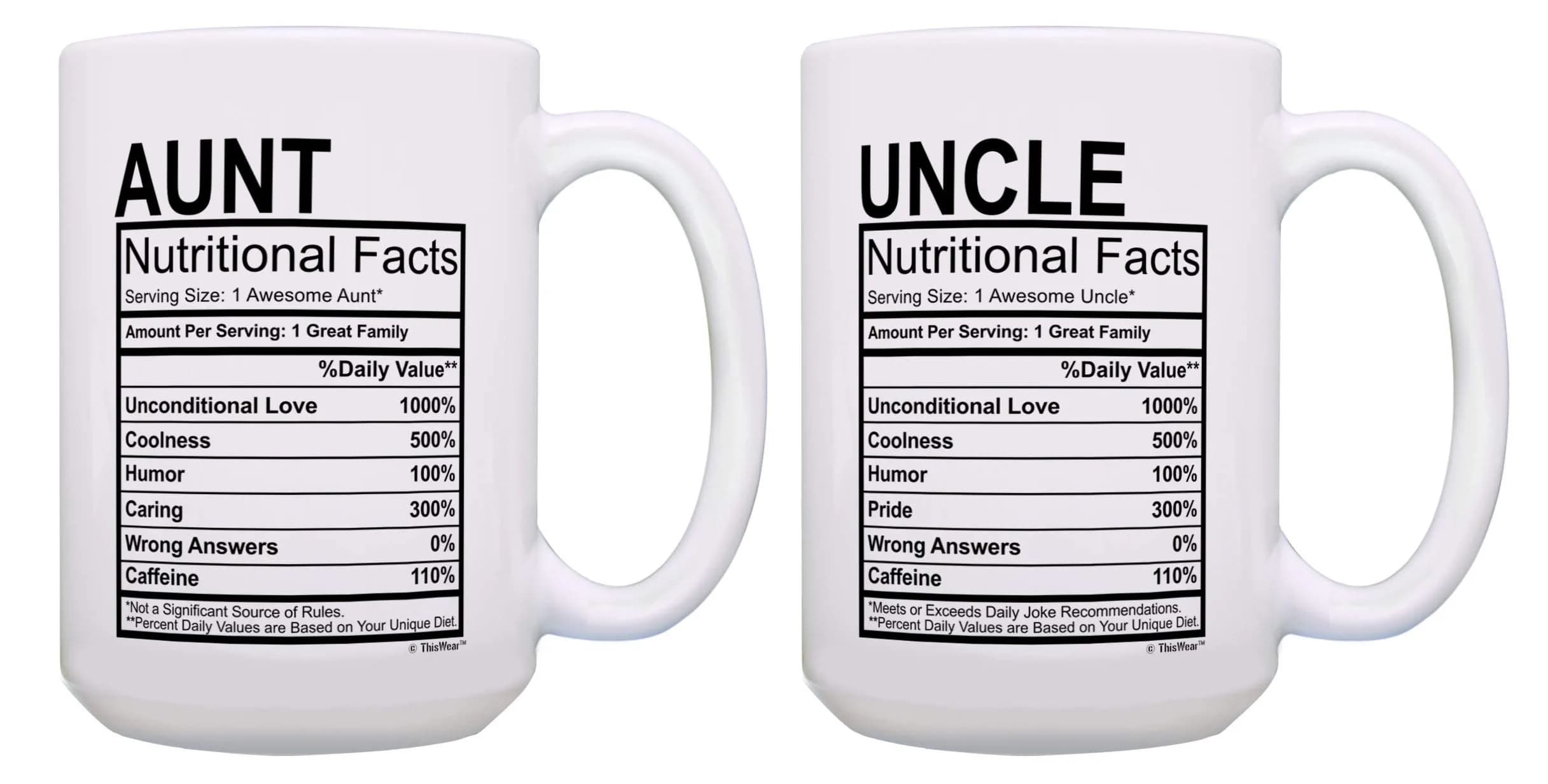 ThisWear Aunt Uncle Nutritional Facts Label 15oz Coffee Mug - 2 Pack | Funny Gift for Aunt & Uncle — 15oz - Aunt & Uncle