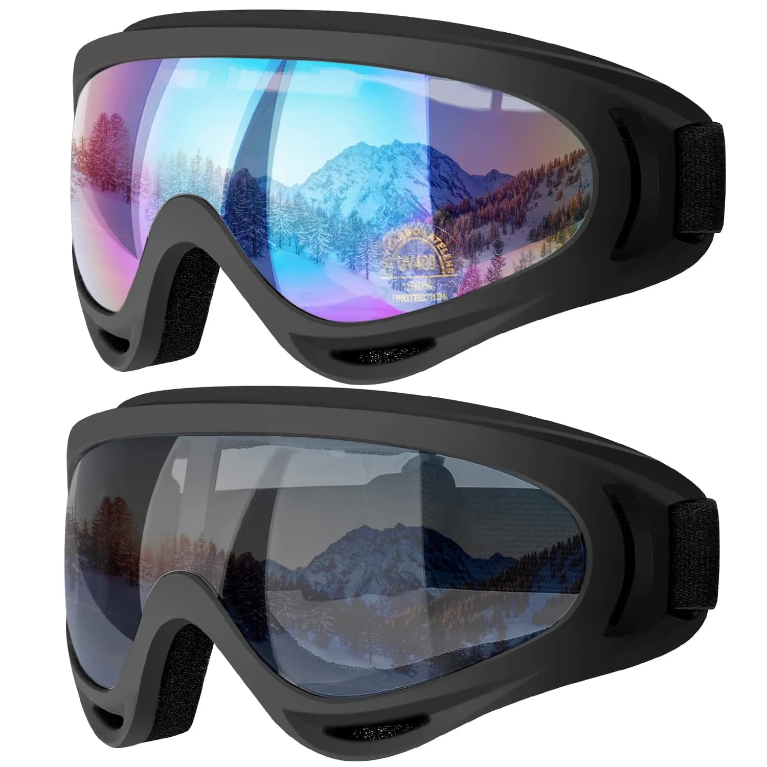 COOLOO Ski Goggles 2 Pack with Clear Lenses & Anti-Fog Coating | Unisex Adult & Kid Snowboard Goggles with Helmet Compatibility