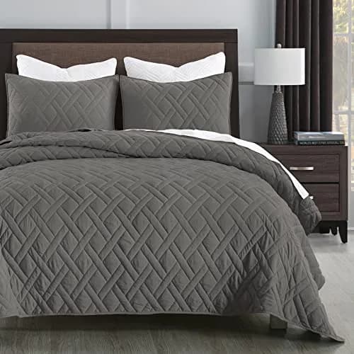 HORIMOTE HOME Quilt Set King Size Grey | Classic Geometric Diamond Pattern, Ultra Soft Microfiber, All Season Lightweight Bedspread Coverlet thumbnail 1