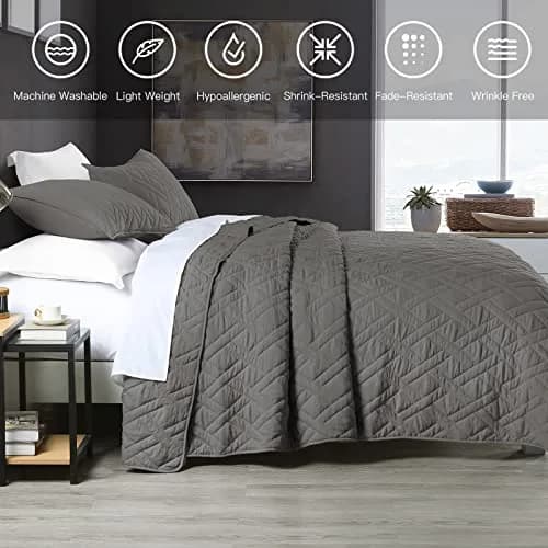 HORIMOTE HOME Quilt Set King Size Grey | Classic Geometric Diamond Pattern, Ultra Soft Microfiber, All Season Lightweight Bedspread Coverlet thumbnail 5