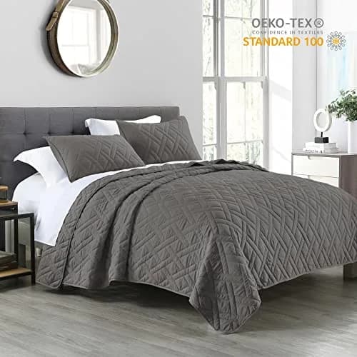 HORIMOTE HOME Quilt Set King Size Grey | Classic Geometric Diamond Pattern, Ultra Soft Microfiber, All Season Lightweight Bedspread Coverlet thumbnail 2